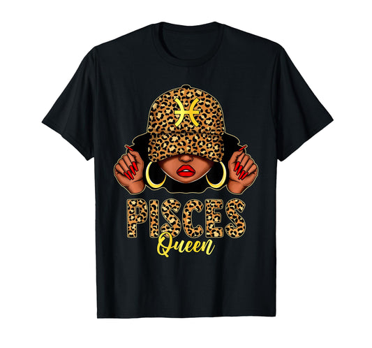 Pisces Queen Black Woman Leopard Cap Hat Zodiac Birthday T-Shirt
