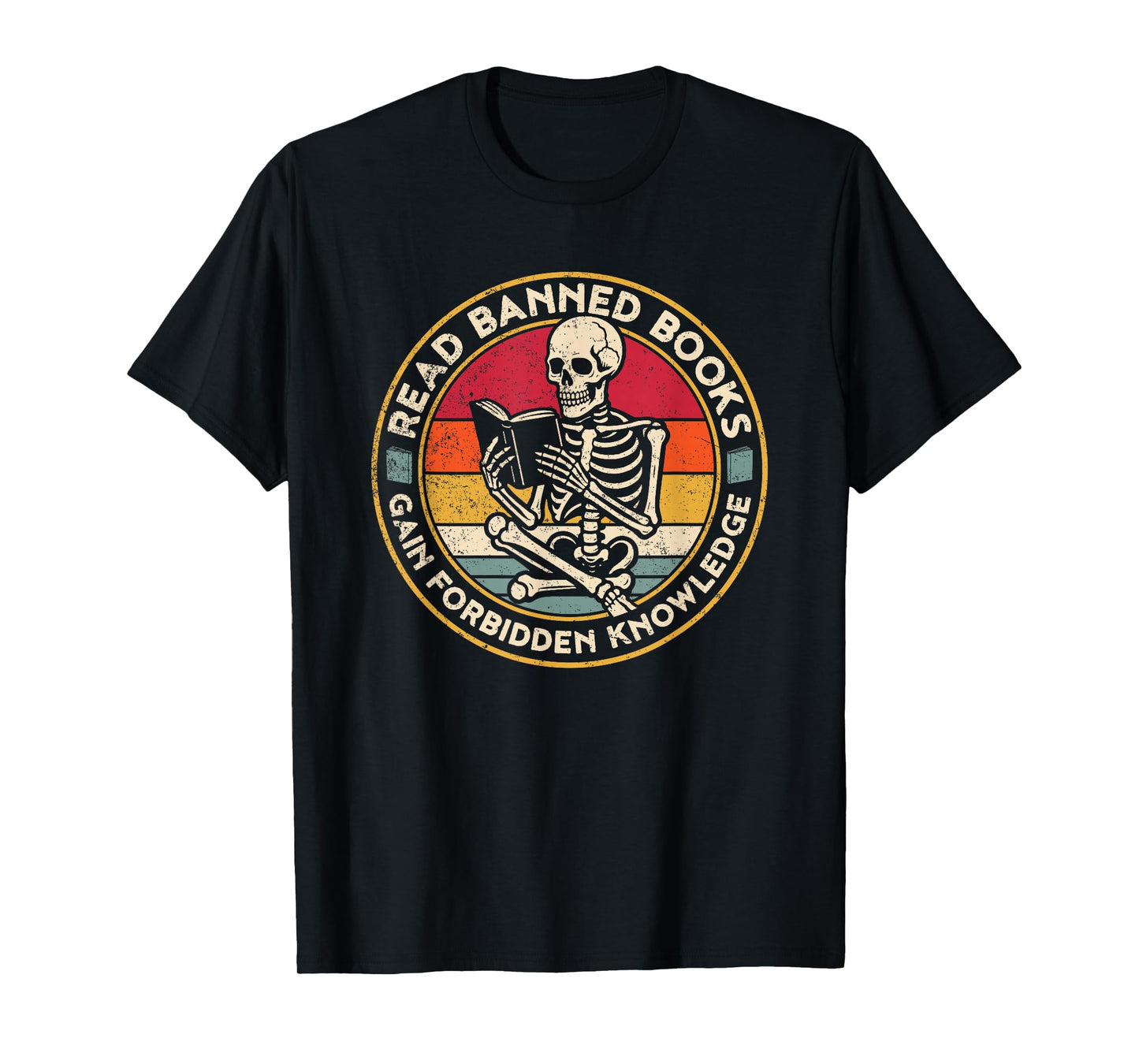 Funny Read Banned Books Retro Book Lover Reading Skeleton T-Shirt