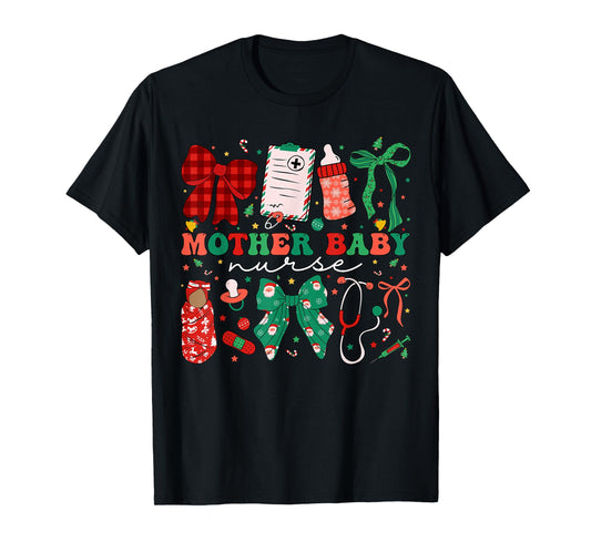 Postpartum Xmas Coquette Mother Baby Nurse Christmas T-Shirt
