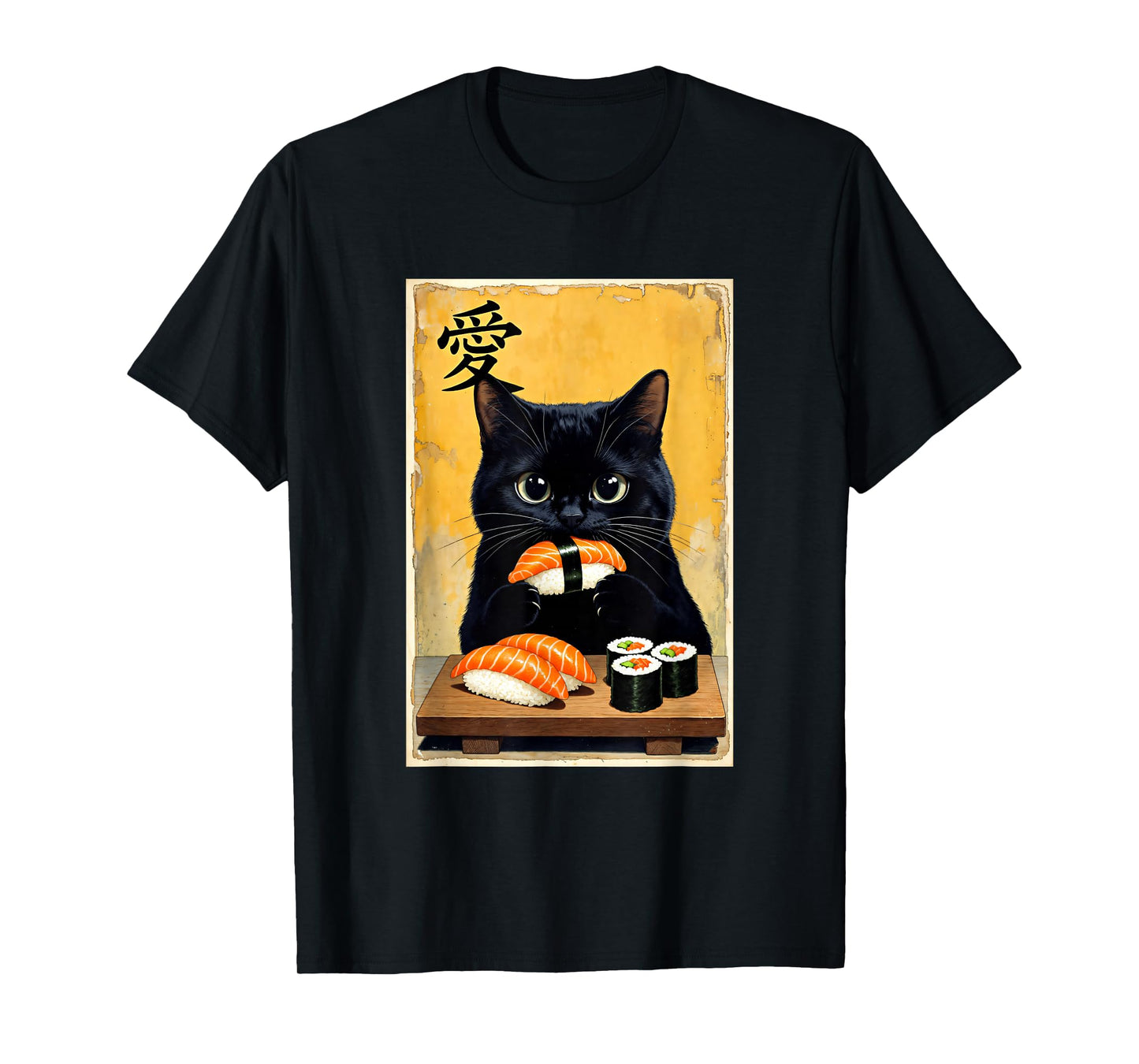 Cute Kawaii Black Cat Eating Sushi Funny Japanese Black Cat T-Shirt