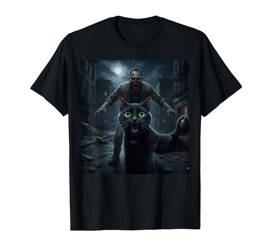 Black Cat Selfie Running Away from Zombie Fun for Kids Teens T-Shirt