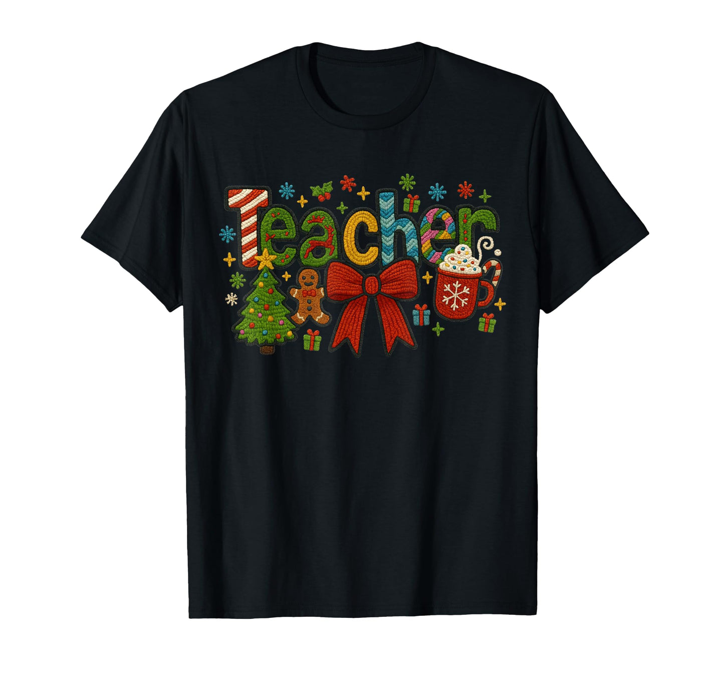Christmas Teacher Faux Yarn Embroidery T-Shirt