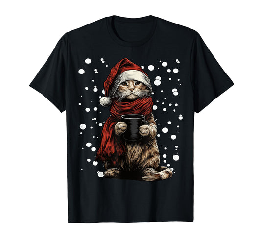 Christmas Tabby Cat with Santa Hat Coffee Lover Funny Kitten T-Shirt