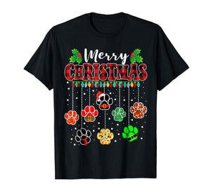 Merry Christmas Lights Dog Paw Red Plaid T-Shirt