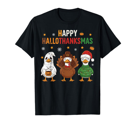 Happy Hallothanksmas Goose Halloween Thanksgiving Christmas T-Shirt