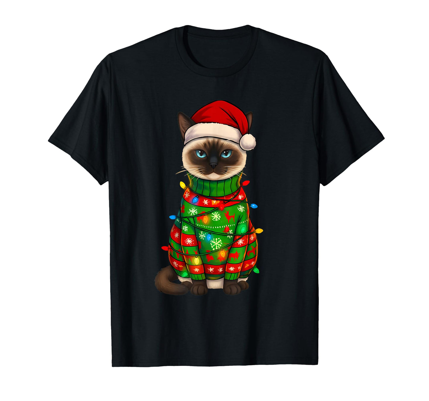 Siamese Cat Christmas Lights Funny Santa Holiday Cats T-Shirt
