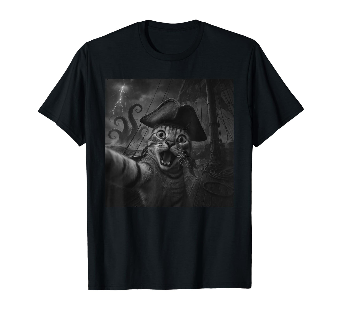 Cat Selfie with Kraken Octopus Funny Meme Men Women Kids T-Shirt