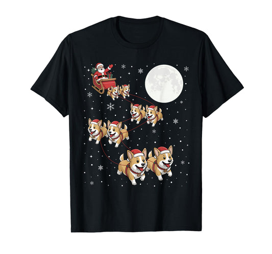Corgi Dog Xmas Pajama Matching Santa Claus Riding Christmas T-Shirt