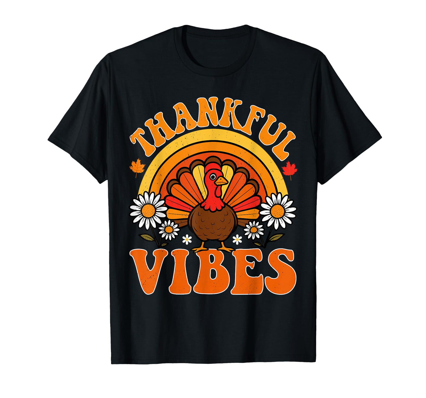 Thankful Vibes Autumn Retro Turkey Thanksgiving Rainbow T-Shirt