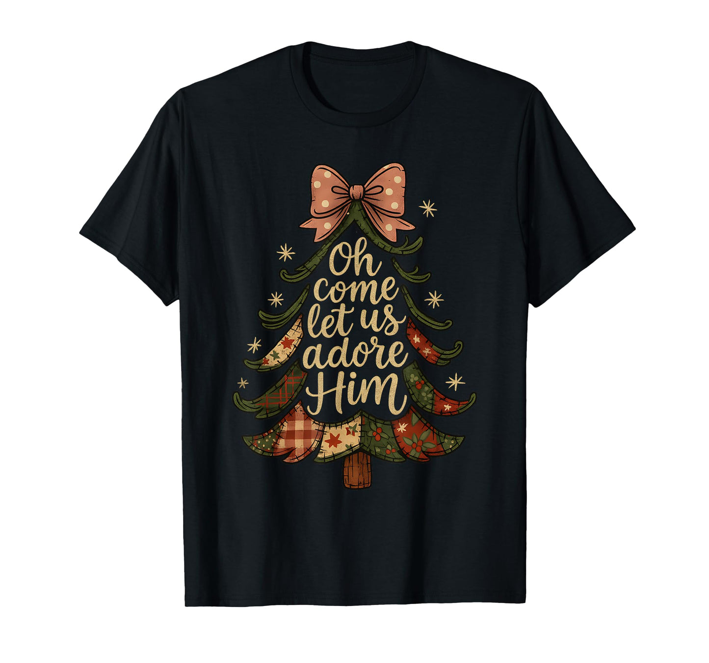 Oh Come Let Us Adore Him Patchwork Christmas Tree Art T-Shirt