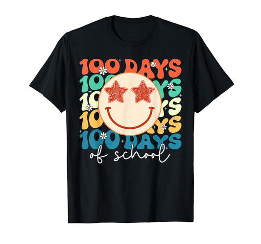 100 Days of School Groovy Smile Face 100th Day Teacher Kid T-Shirt