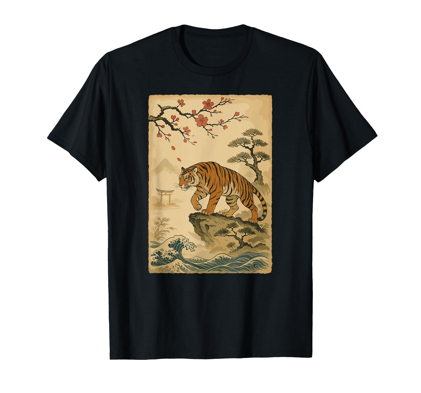 Japanese Tiger Art Cherry Blossom Wave Samurai Aesthetic T-Shirt
