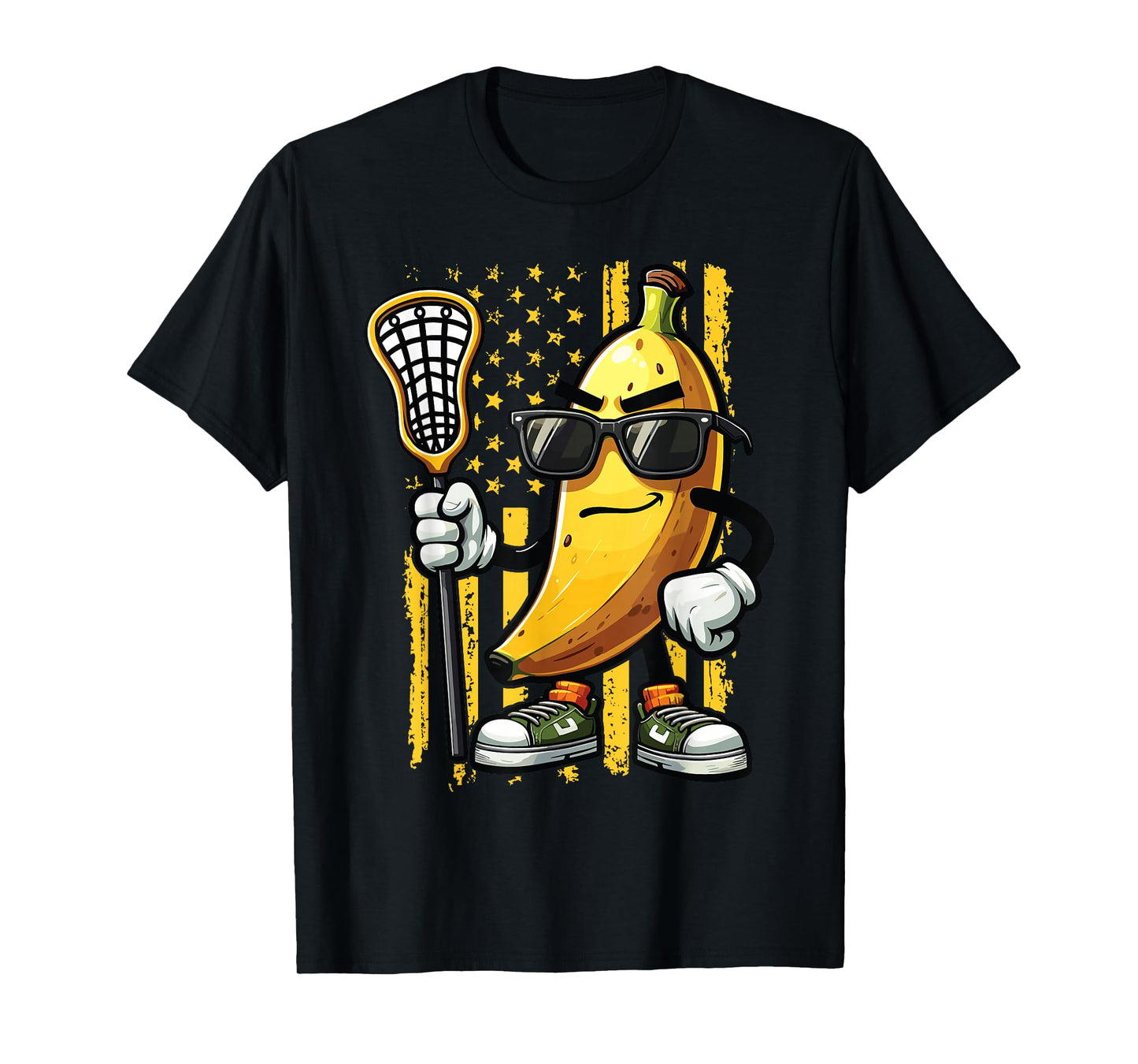 Banana Playing Lacrosse Sunglasses American Flag Funny T-Shirt