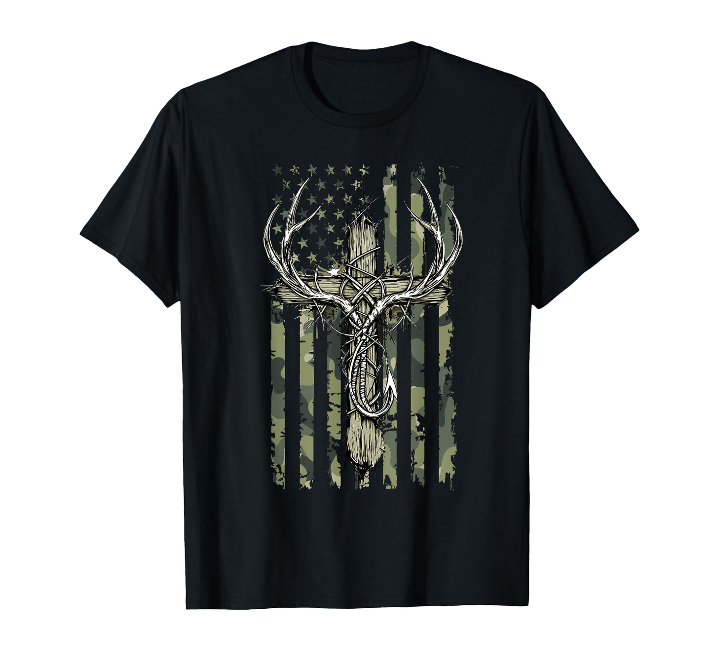 Deer Antlers Fishing Hook Christian Cross Camo Flag Men Boys T-Shirt
