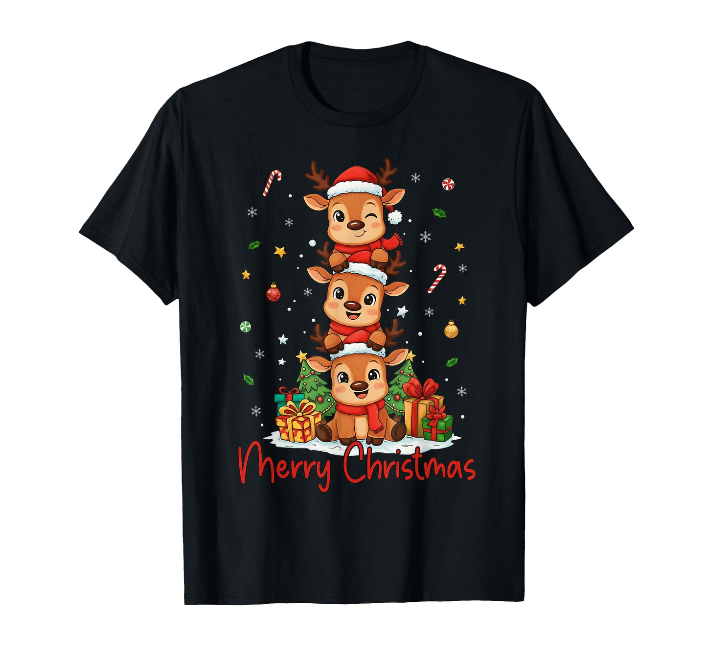 Merry Christmas Reindeer Santa Hat Xmas Family Men Women Kid T-Shirt