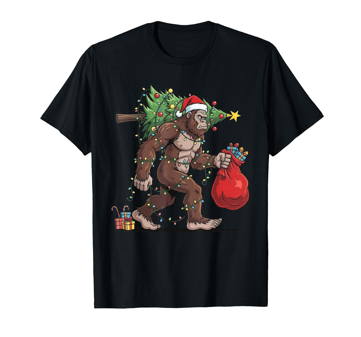 Funny Santa Bigfoot Christmas Tree Lights Xmas Boys Men Kids T-Shirt