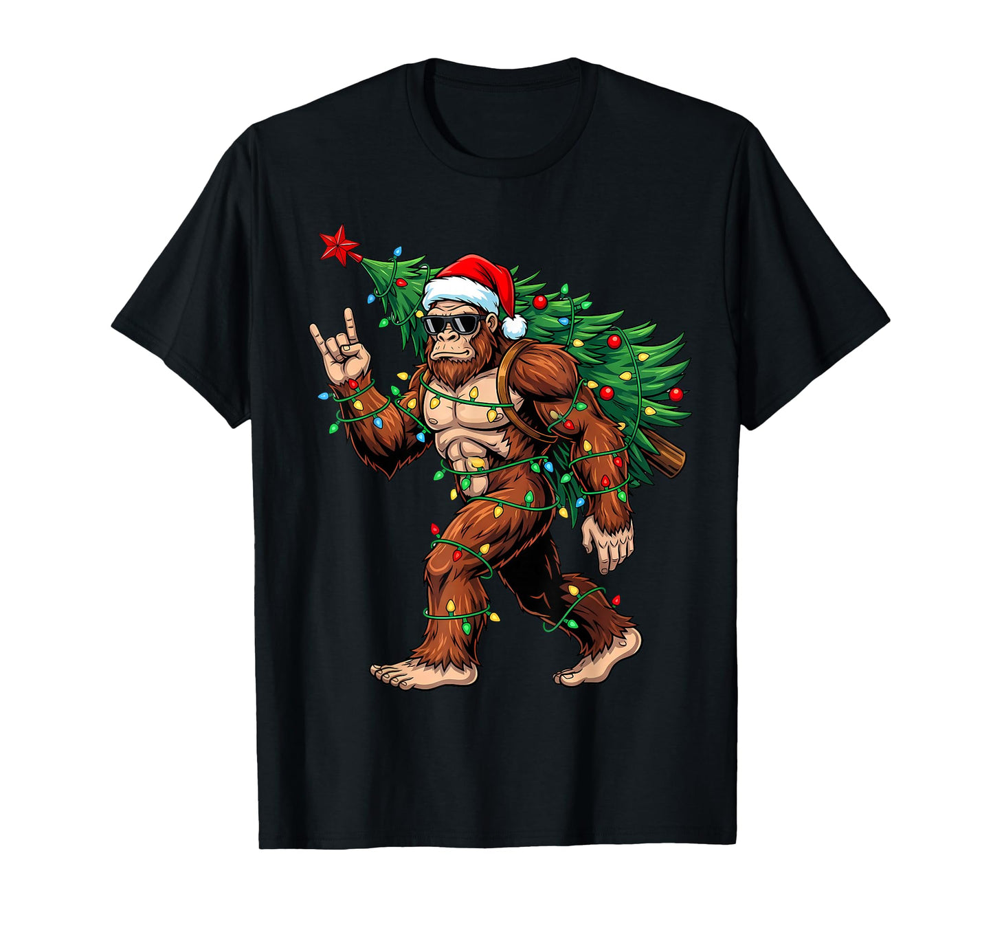 Santa Bigfoot Christmas Tree Xmas Lights Funny Sasquatch Men T-Shirt