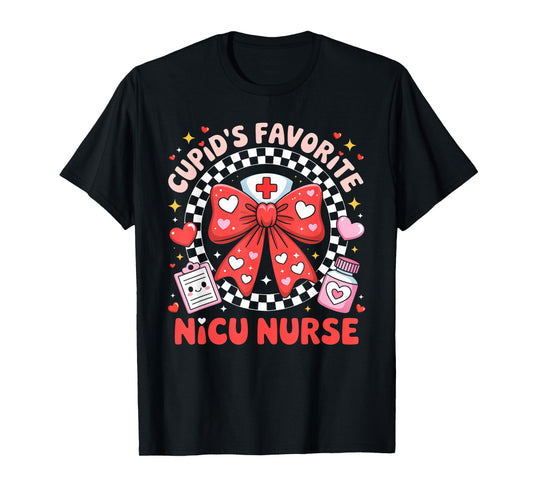 Cupids Favorite NICU Nurse Valentine Coquette Bow Girl Women T-Shirt