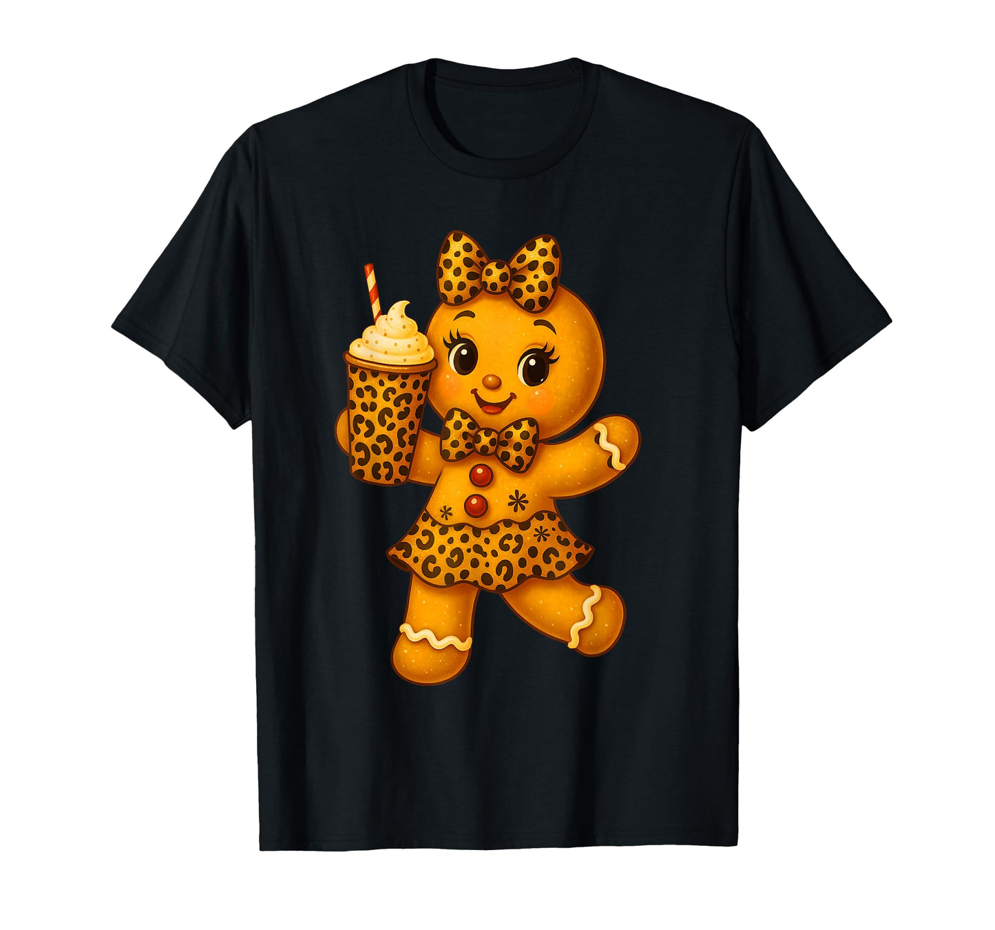 Cute Leopard Gingerbread Girl Christmas Cookie Coquette Bow T-Shirt
