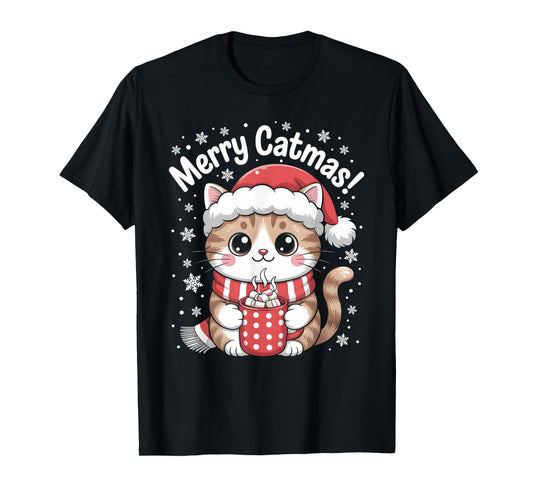 Christmas Outfit Kawaii Cat Santa Hat Hot Cocoa Merry Catmas T-Shirt