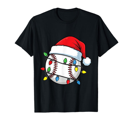 Christmas Lights Baseball Santa Hat Sport Baseball Lover T-Shirt
