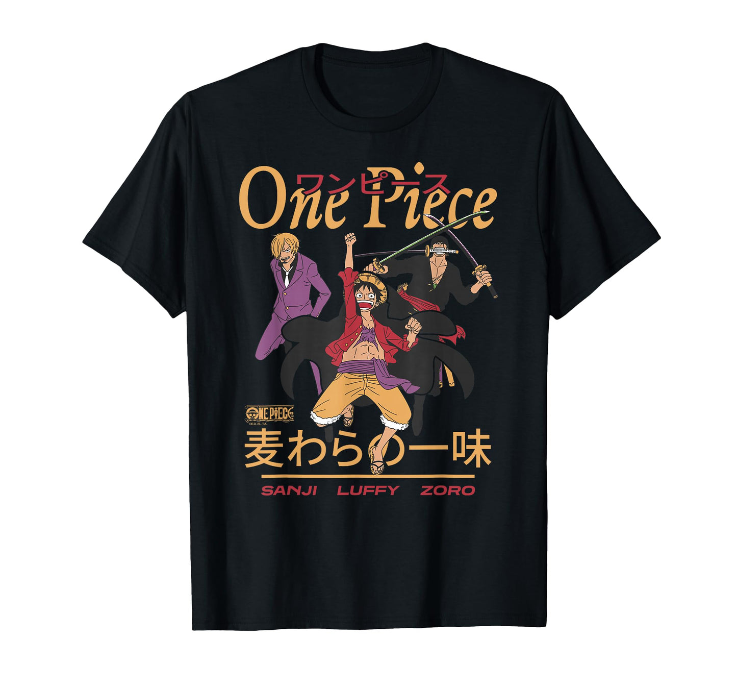 One Piece Anime Sanji Luffy Zoro Kanji Collage Pirate T-Shirt