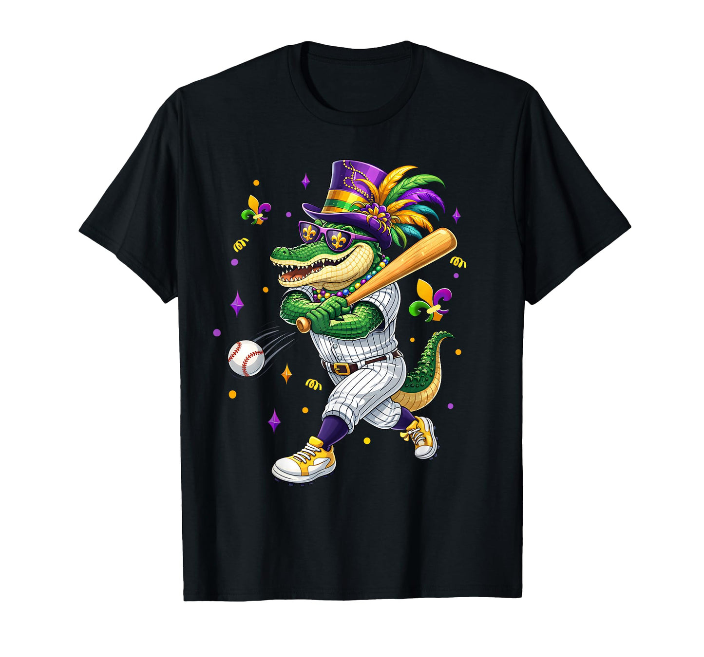 Baseball Player Mardi Gras Alligator Carnival Costume Beads T-Shirt