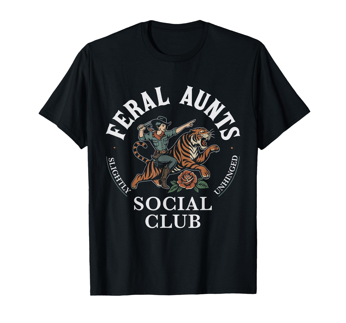 Feral Aunts Social Club Western Retro Cowgirl Riding Tiger T-Shirt