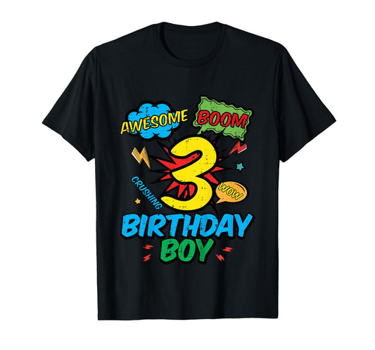 Kids 3 Birthday Boy Comic Cute 3rd Bday Superhero Party Boys Kids T-Shirt