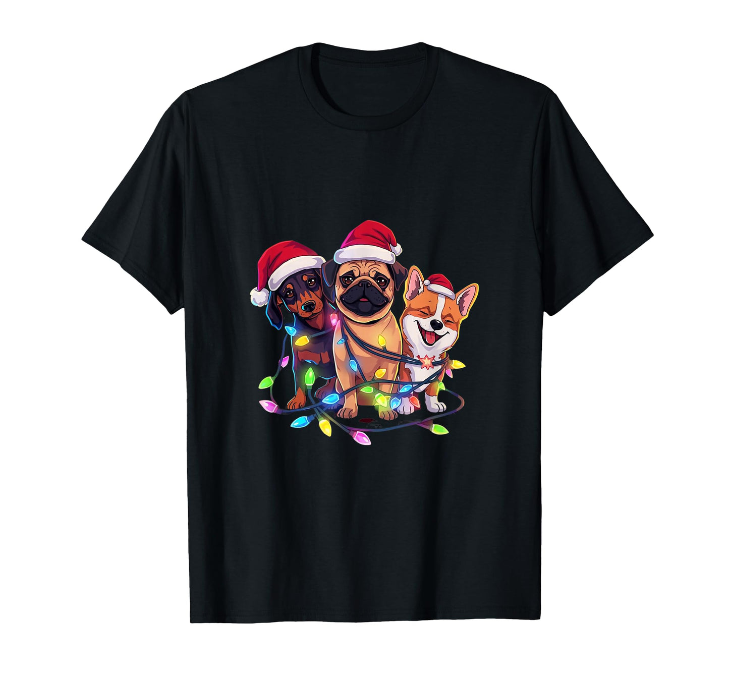 Festive Christmas Dogs with Lights and Santa Hats T-Shirt
