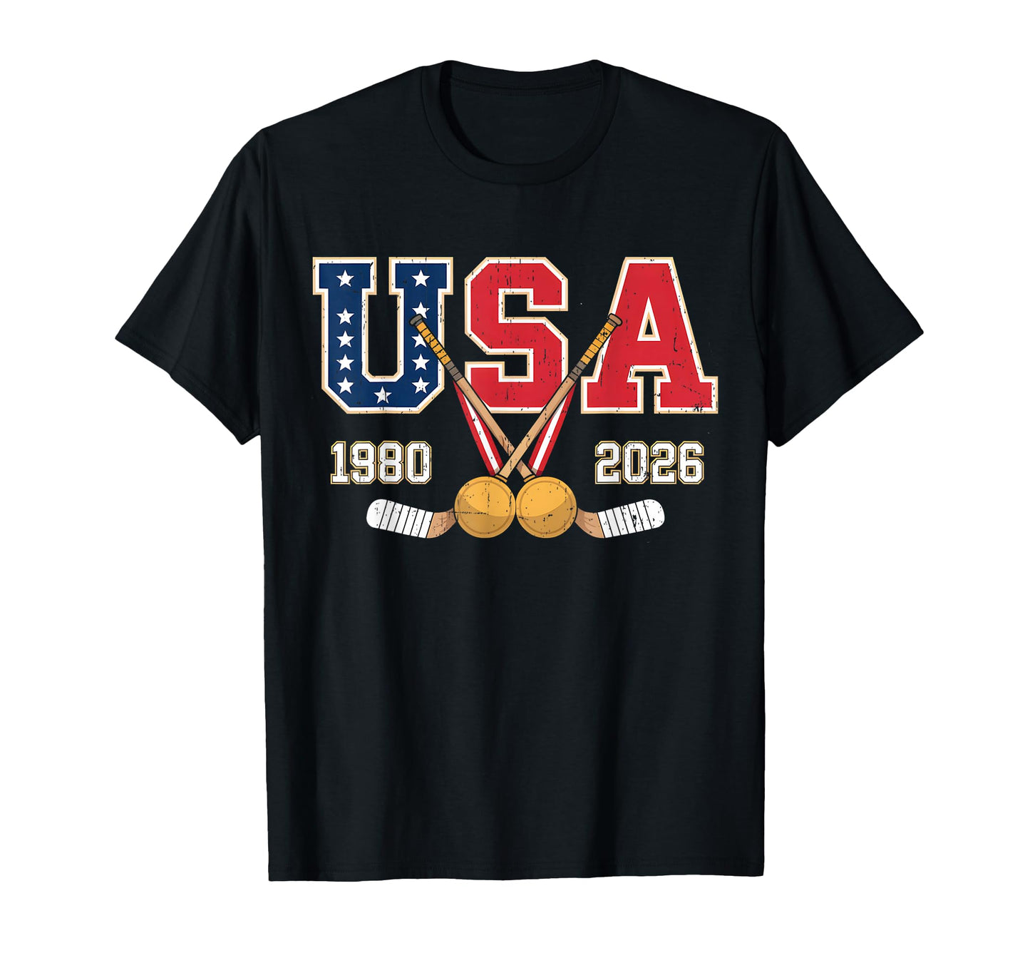 1980 and 2026 Hockey Vintage USA Crossed Sticks Patriotic T-Shirt