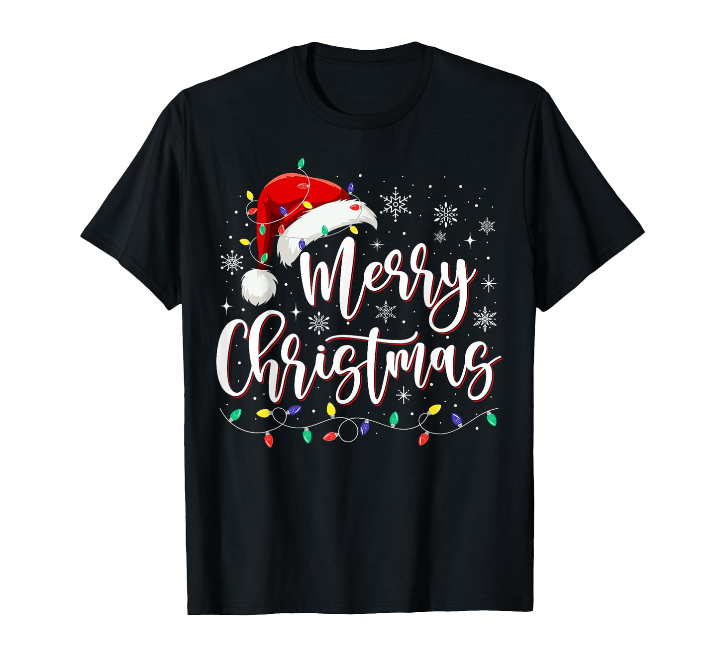 Merry Christmas Lights Red Santa Hat Xmas Family Matching T-Shirt
