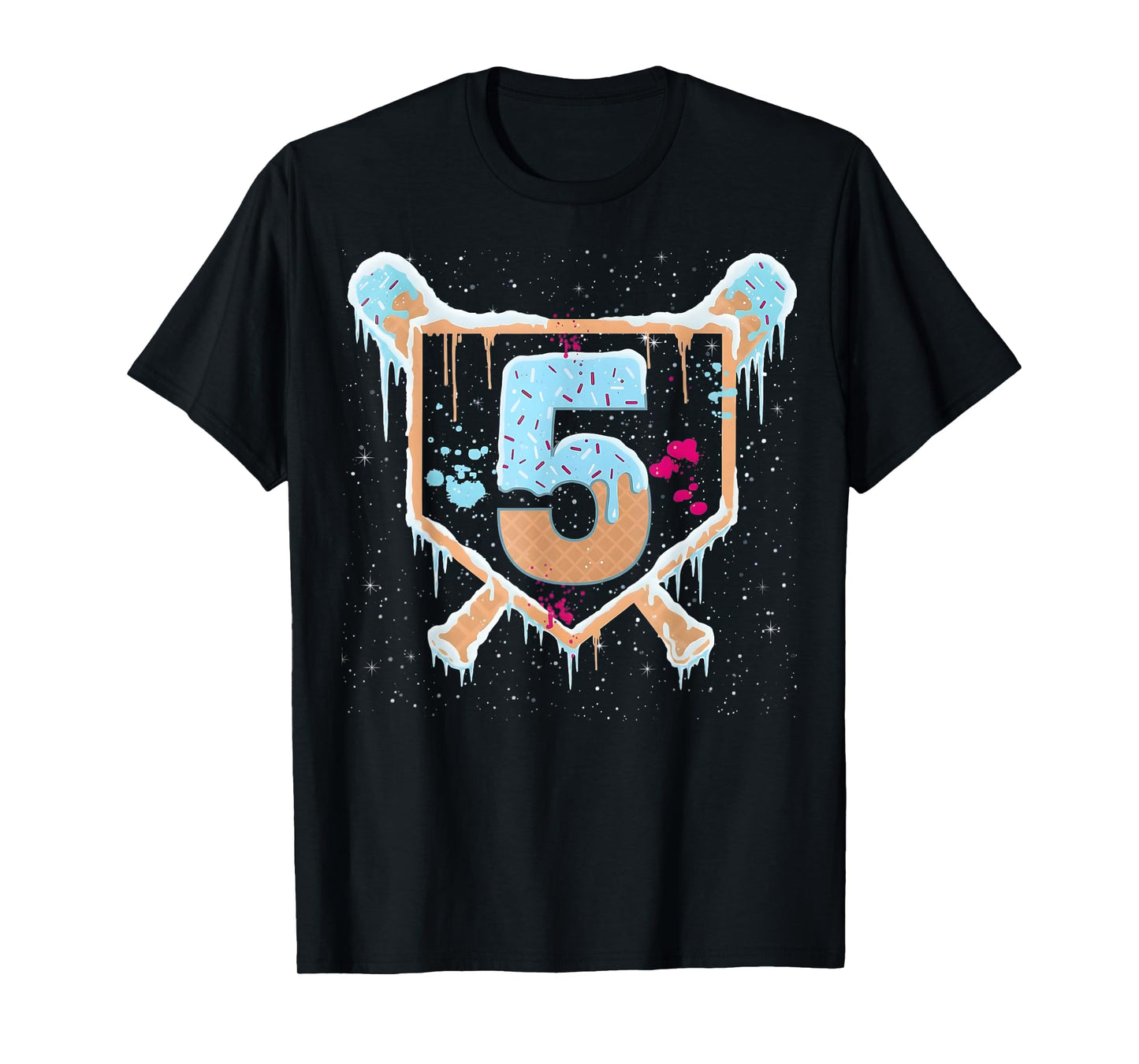 Baseball 5 Year Old Ice Cream Drip 5th Birthday Boy Number 5 T-Shirt
