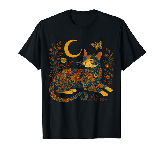 Boho Celestial Cat Moon and Floral T-Shirt