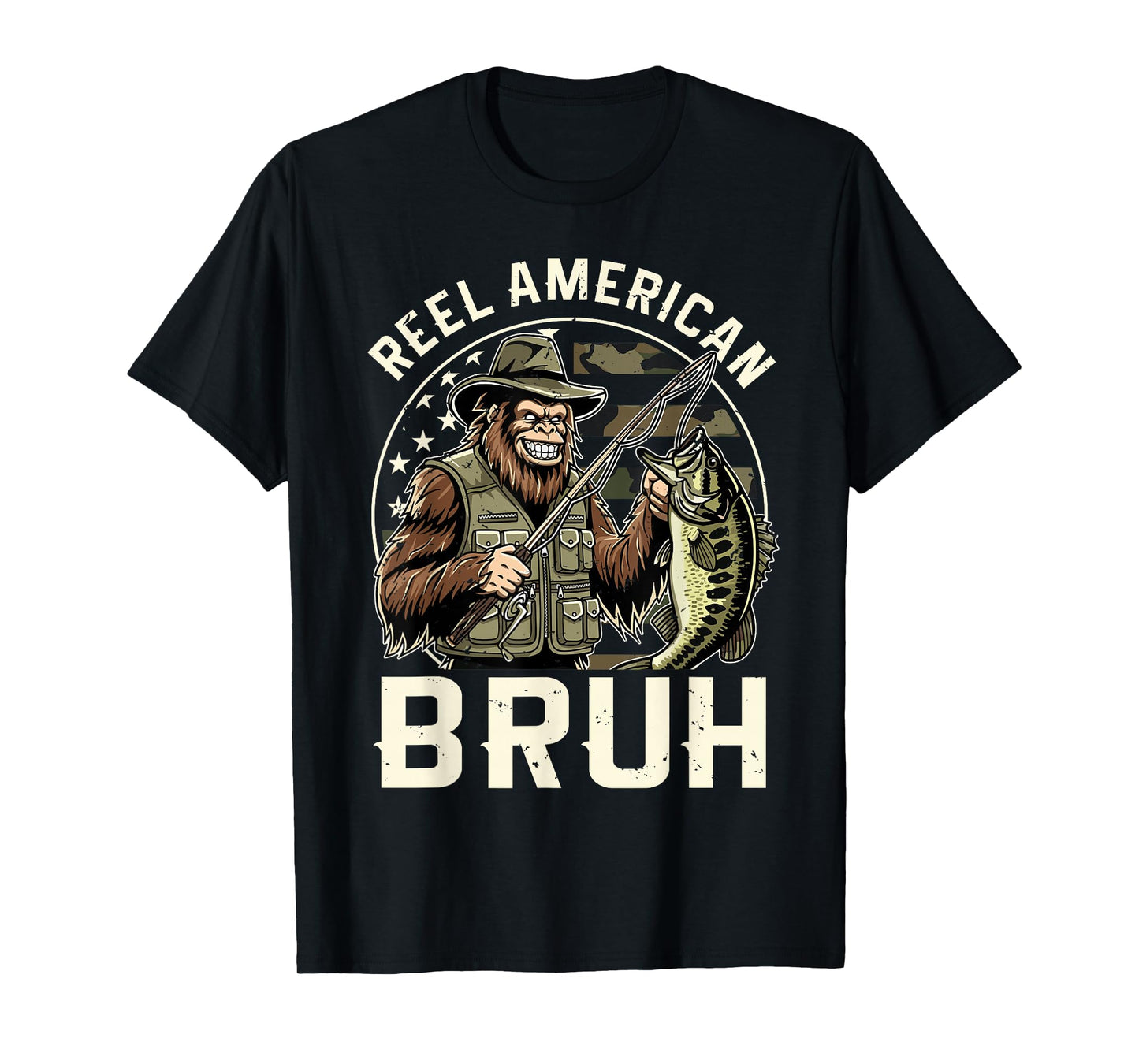 Reel American Bruh Bigfoot USA Flag Camo Fishing T-Shirt