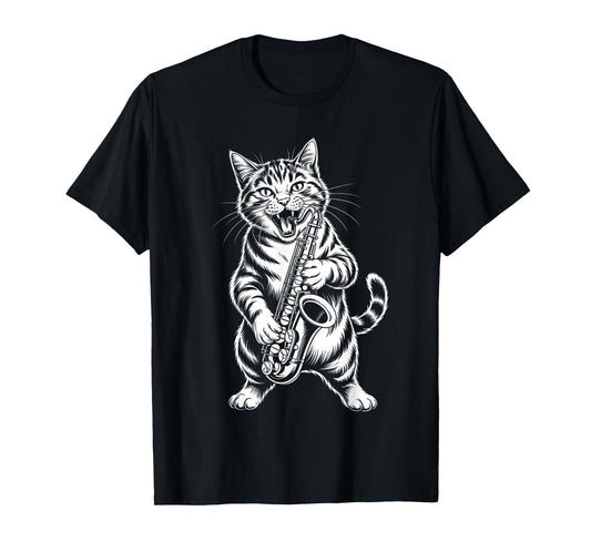 Cat Playing Saxophone Funny Cat Musician Saxophonist T-Shirt