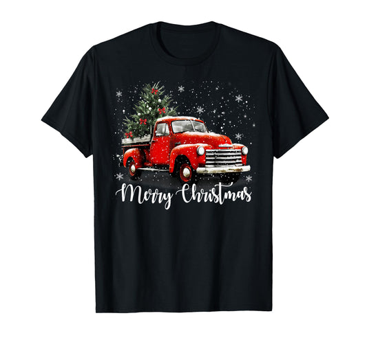 Vintage Merry Christmas Red Truck Xmas Tree Family Pajamas T-Shirt