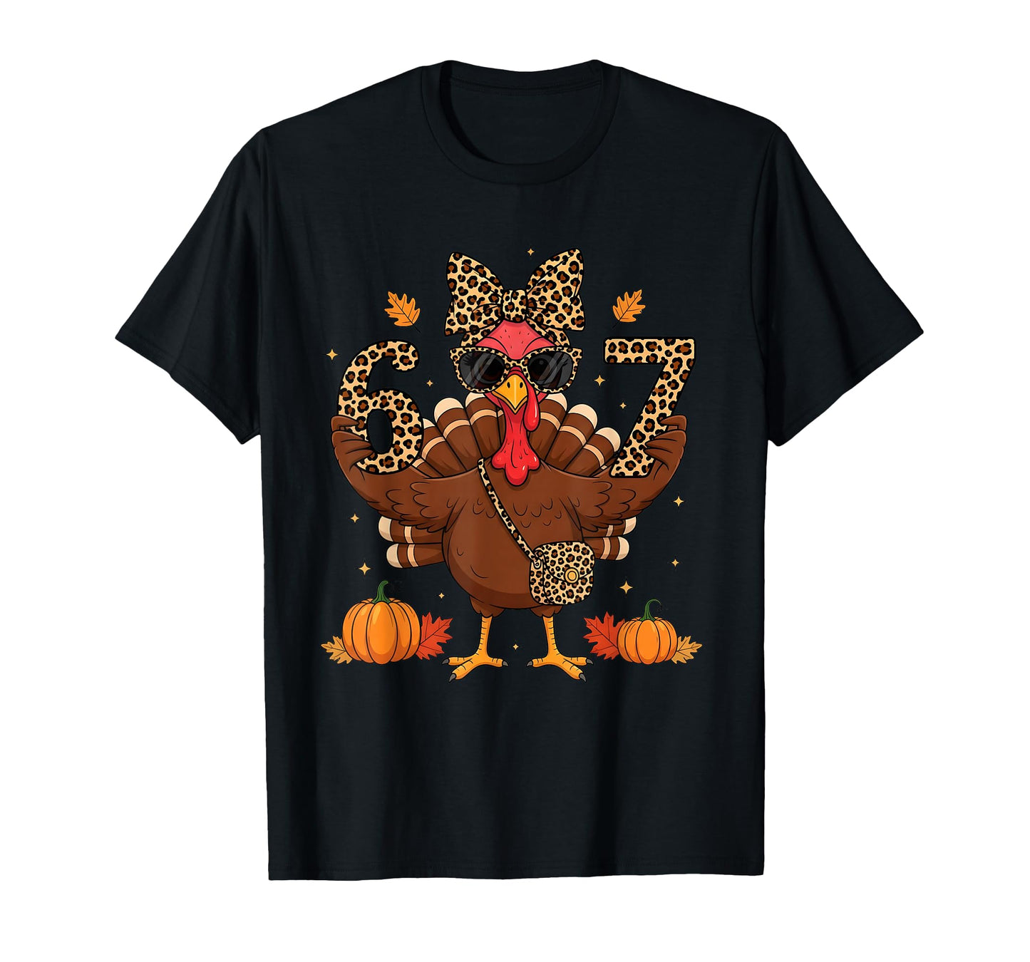 Funny 6 7 Thanksgiving Leopard Bow Turkey six Seven Teacher T-Shirt