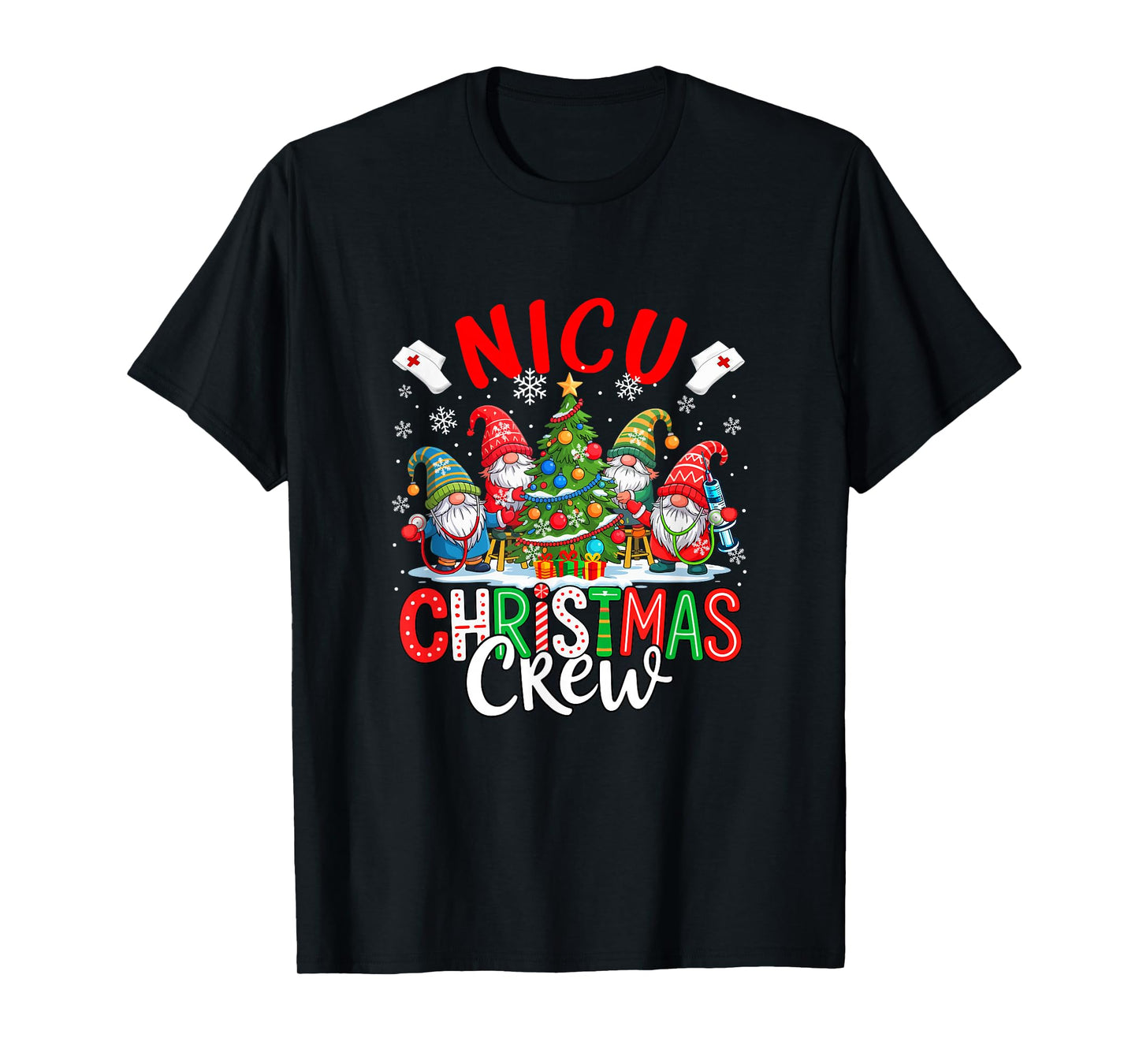 NICU Christmas Crew Group Gnomes Nurses Decorating Xmas Tree T-Shirt