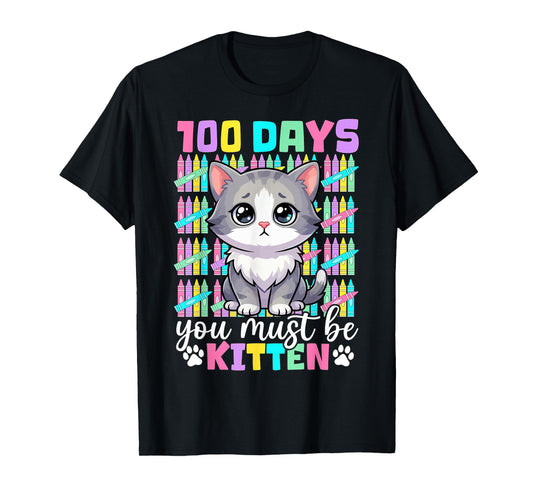 100 Days of School Girls Kids 100th Day of School Kitten Cat T-Shirt