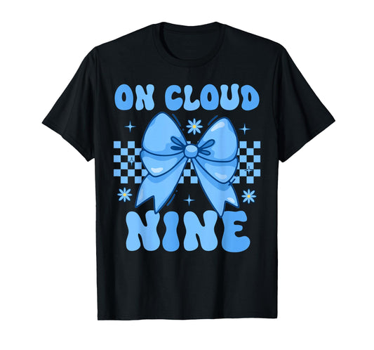 On Cloud Nine Bday 9th Birthday Girl Coquette Bow Blue T-Shirt
