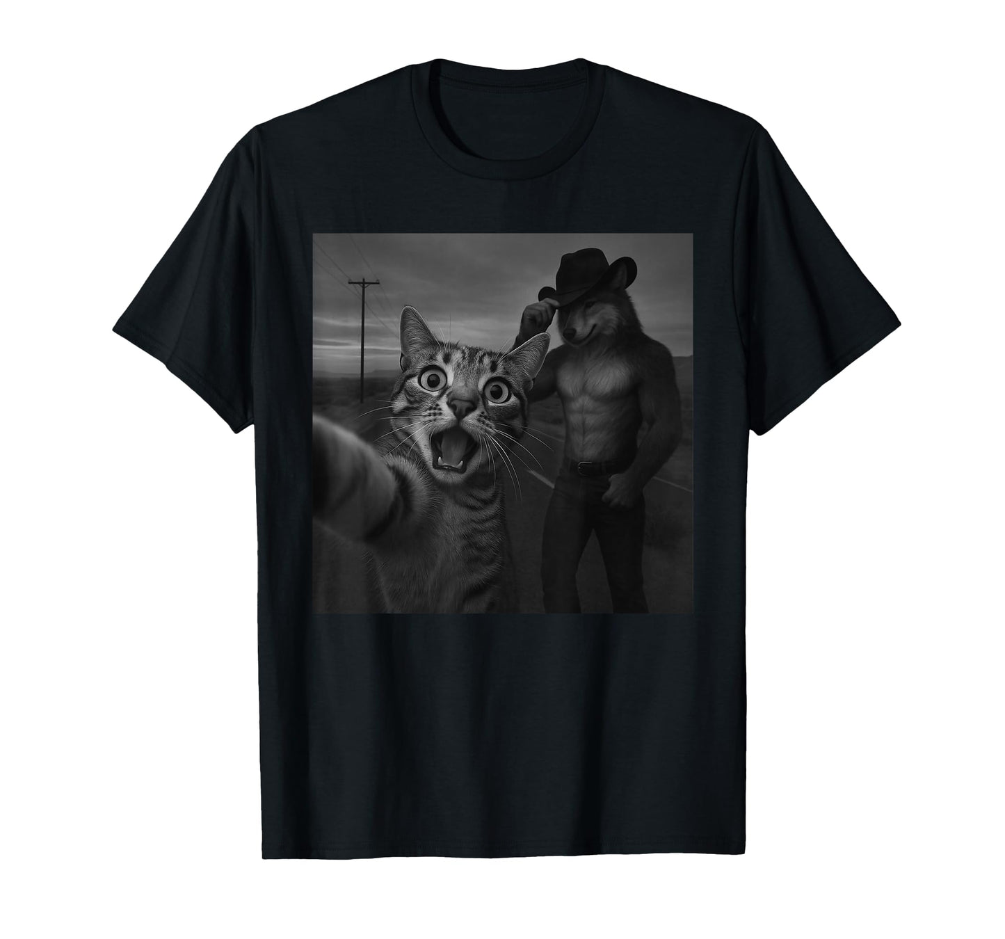 Cat Selfie with Alpha Wolf Meme Cringe Unhinged Funny Men T-Shirt