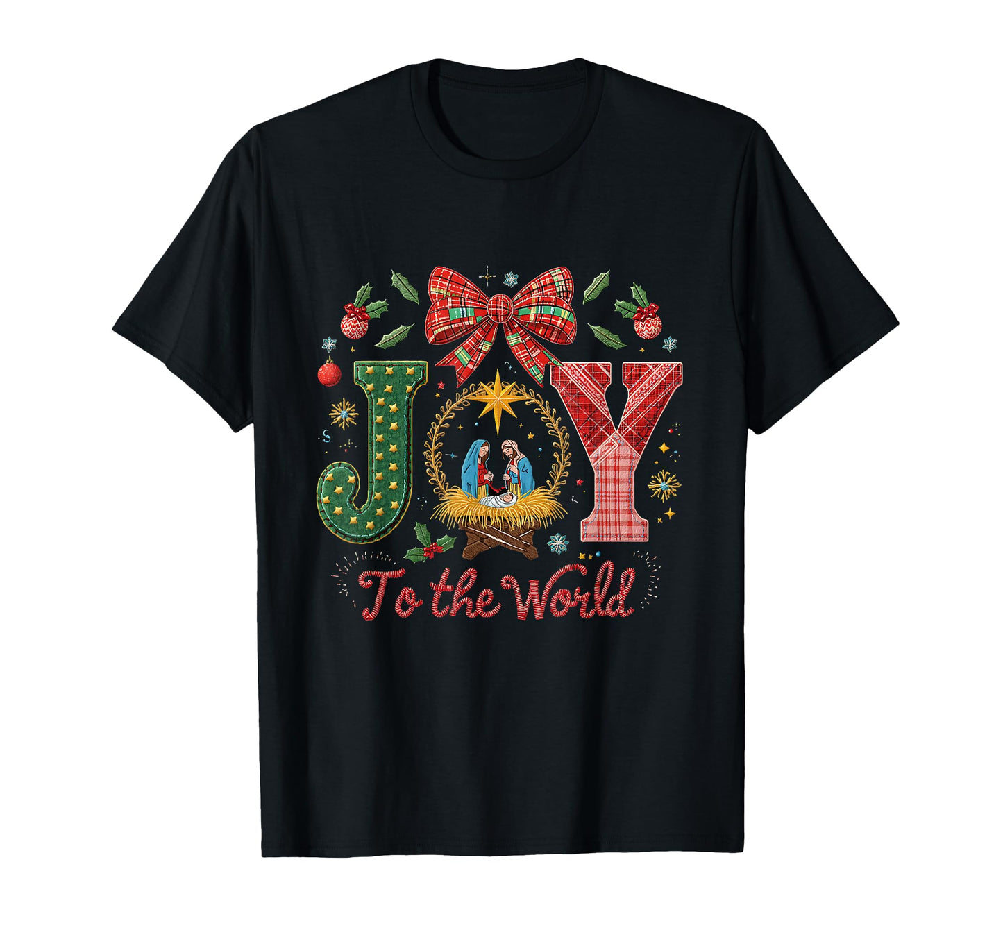 Joy to The World Patchwork Nativity Christmas T-Shirt