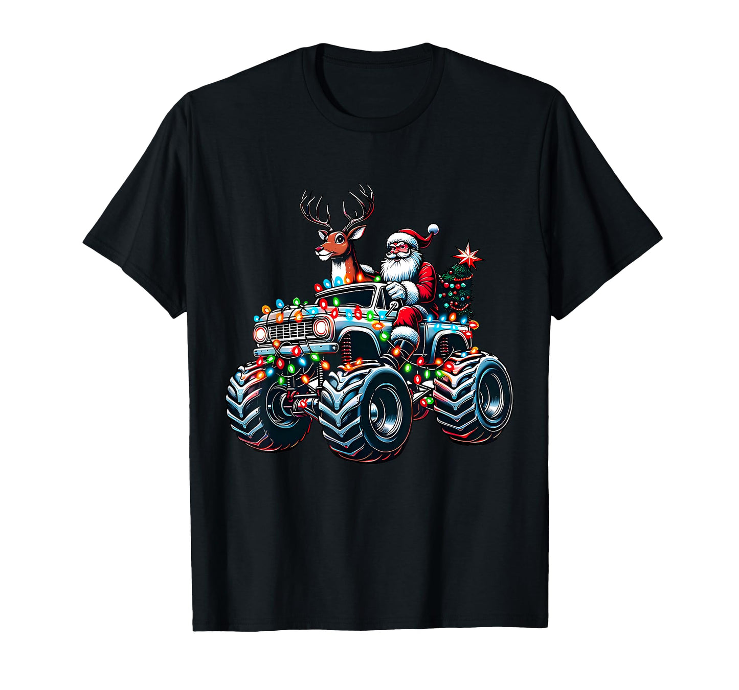 Retro Funny Santa Driving Monster Truck Reindeer Xmas Tree T-Shirt