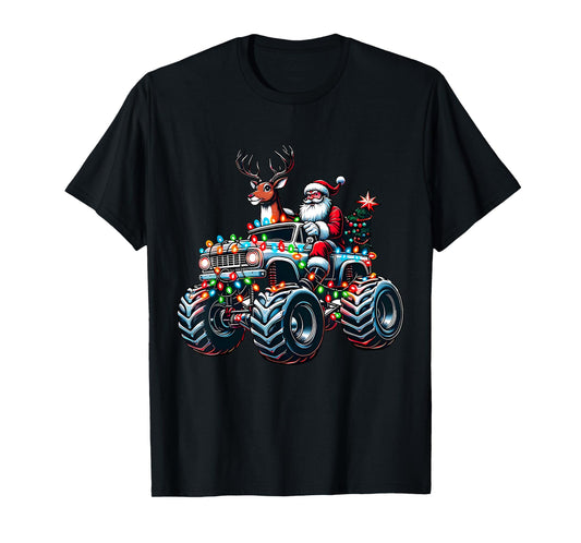 Retro Funny Santa Driving Monster Truck Reindeer Xmas Tree T-Shirt