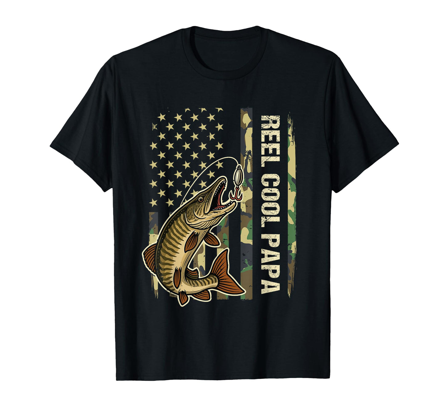 Reel Cool Papa Muskie Fishing Fisherman Musky American Flag T-Shirt