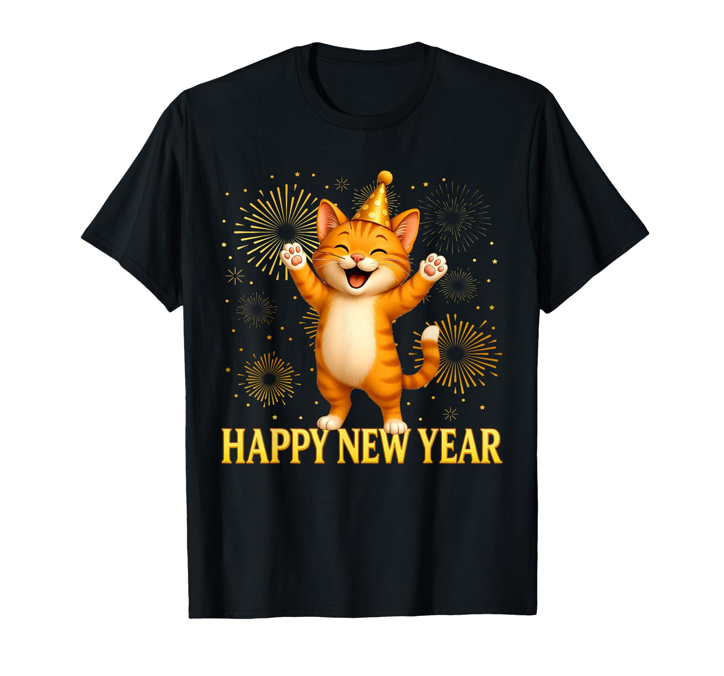 Happy New Year Cat Fireworks New Years Eve Party 2026 Kids T-Shirt