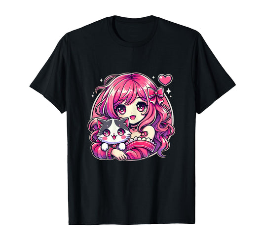 Anime Girl and Cat Kawaii Manga Girl T-Shirt