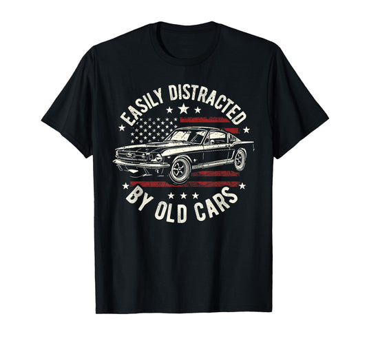 Easily Distracted by Old Cars Classic Vintage American Flag T-Shirt