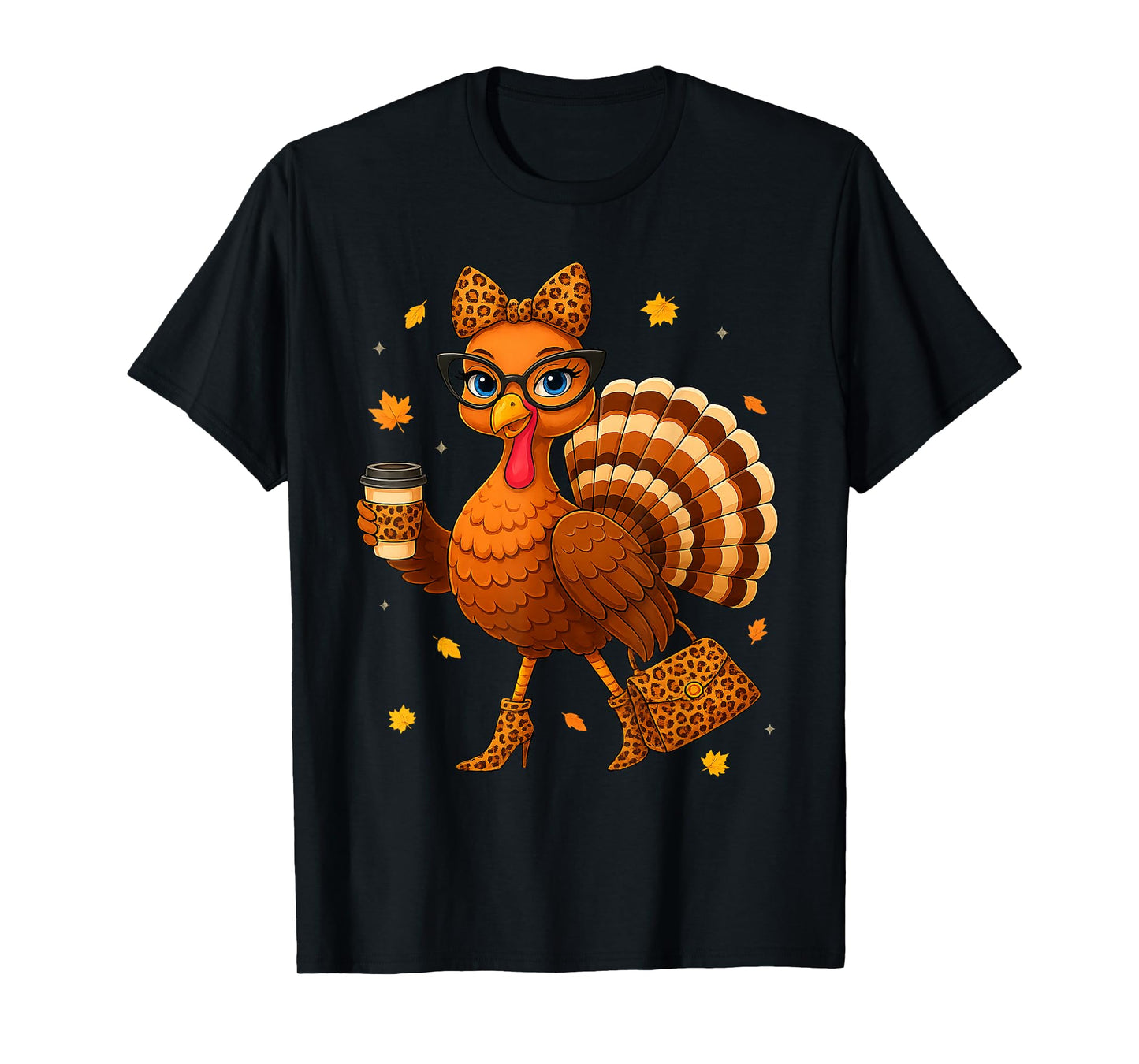 Turkey Drinking Coffee Thanksgiving Leopard Women Turkey Day T-Shirt